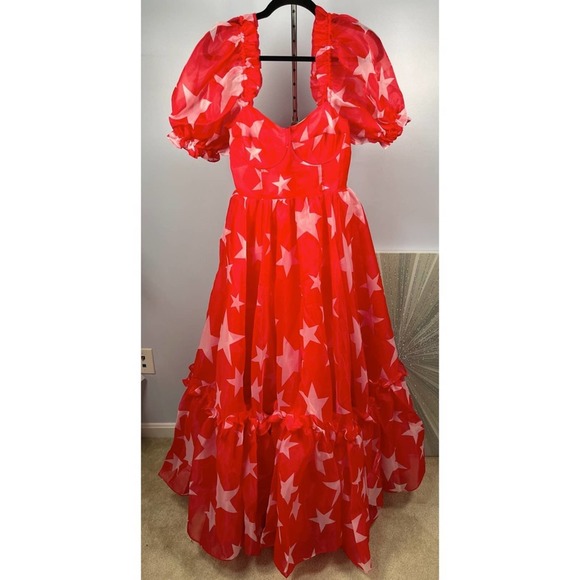 NWT Selkie Red and White Star Ritz Puff Sleeve Organza Maxi Gown Size Small - Picture 7 of 13